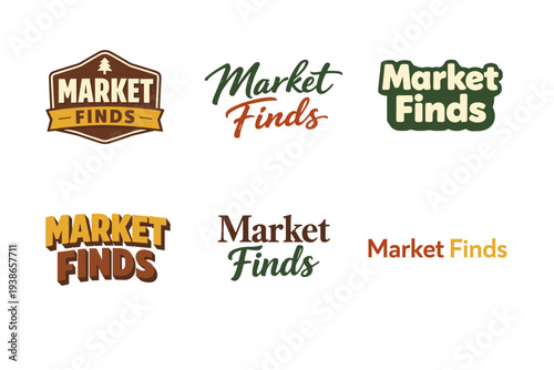 Variety of vintage and modern market finds logos in diverse styles and colors