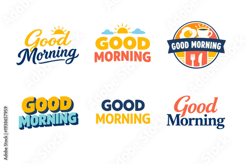 Colorful good morning designs with coffee and sun elements