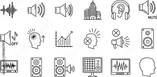  Set of sound-related outline icons. Linear vector collection with editable strokes for audio, music, volume and sound control concepts. Vector illustration eps