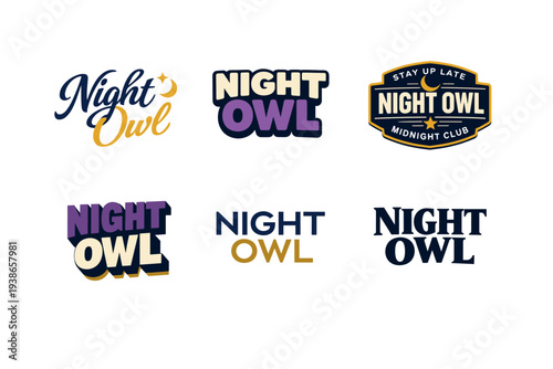 Collection of six night owl themed typographic logos