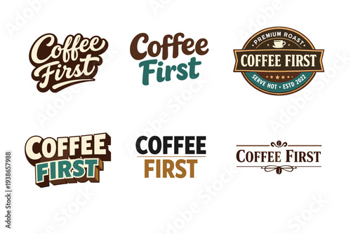 Variety of vintage and modern coffee first logo designs in different styles