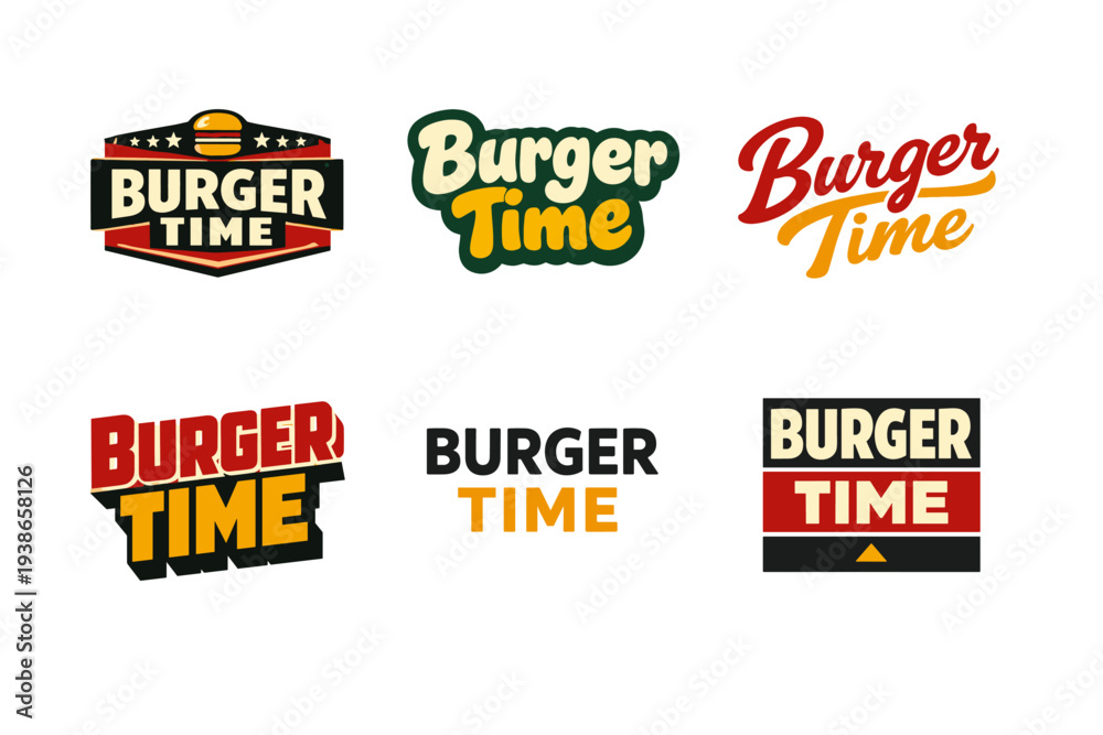 Obraz premium Variety of stylish burger time logo designs in bold colors and retro fonts