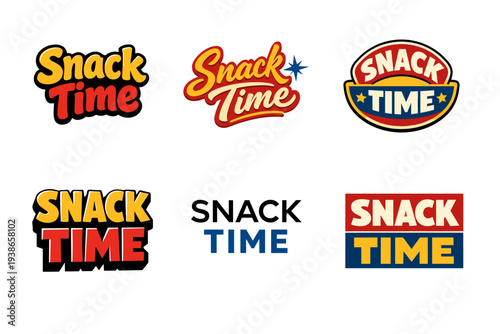 Colorful snack time logos featuring playful designs and bold lettering