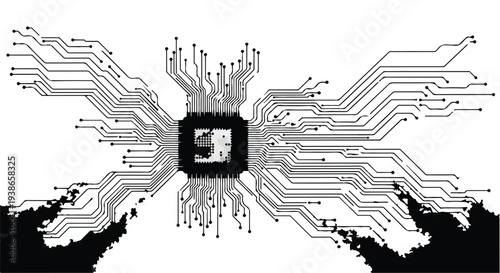 Circuit board microchip with radiating pathways and connections on white background, symbolizing technology and innovation