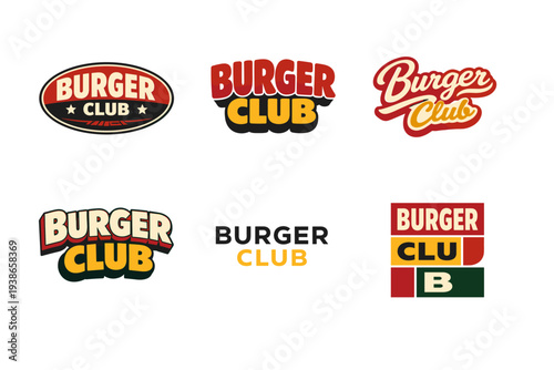Collection of six unique burger club logos with bold typography and colorful designs