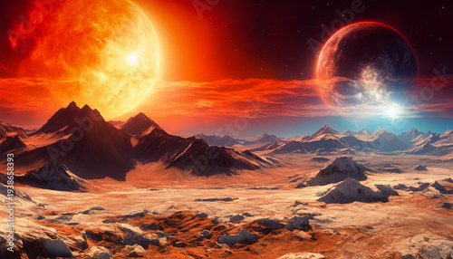 Binary star system over alien mountain landscape.