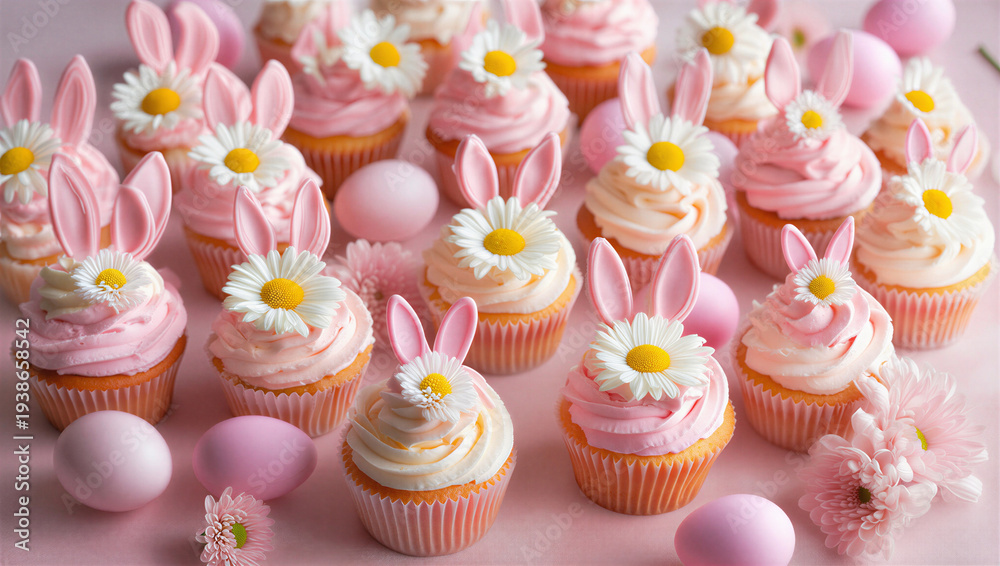 Fototapeta premium Múltiples cupcakes rosas decorados con margaritas y orejas de conejo, rodeados de huevos de Pascua y flores sobre un fondo pastel suave.