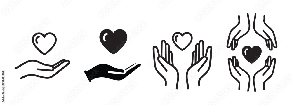 Fototapeta premium Set of hands holding hearts icons, charity and care concept, black and white vector illustration