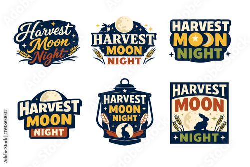 Harvest moon night logos with moon and wheat elements in various designs