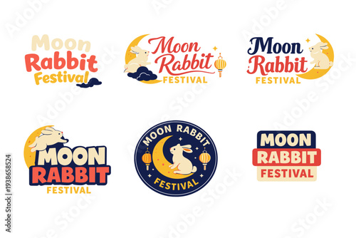 Moon rabbit festival logos collection with lanterns and crescent moon themes