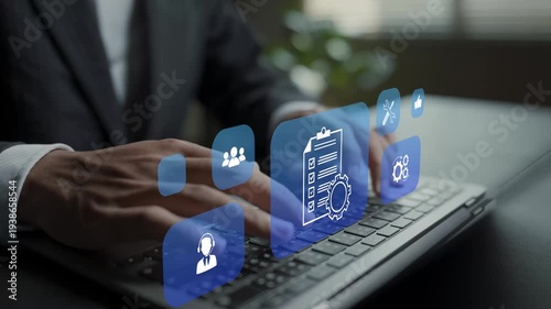 SLA service level agreement management concept. Person typing keyboard with contract and performance monitoring icons, service quality assurance, customer support standards and business compliance.