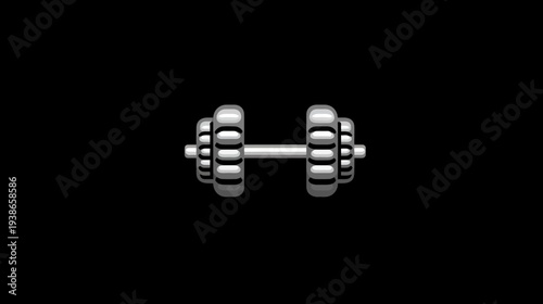 A stylized image of a dumbbell centered on a black background. Minimalist and graphic