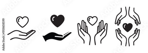 Set of hands holding hearts icons, charity and care concept, black and white vector illustration