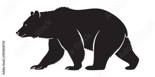 Black silhouette of a grizzly bear walking, side view, simple graphic design element