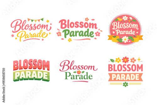 Blossom parade logo collection with floral elements and decorative text designs