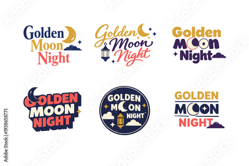 Golden moon night logo collection with stars and lanterns