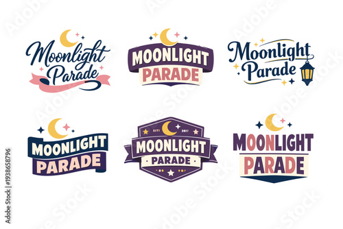 Moonlight parade logos with crescent moons, stars, and decorative elements in various styles