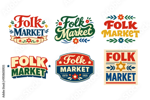 Colorful folk market logos with vintage design and floral elements
