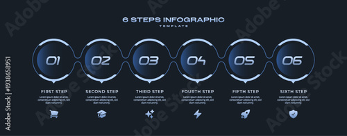 Dark Tech Pitch Deck Infographic with Connected Line Circles in Horizontal Row, 6 Step Startup Business Timeline Template, Abstract Vector Illustration for Report, Workflow, Visualization, and Present