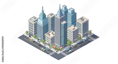 isometric cityscape with modern skyscrapers and urban street