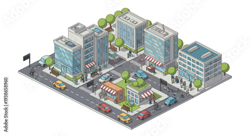 isometric city block with buildings and cars