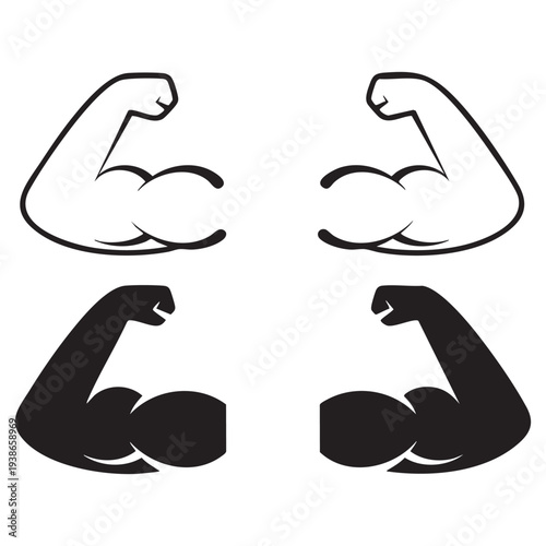 Set of muscular arm icons, strong bicep silhouettes, fitness and bodybuilding gym logo elements