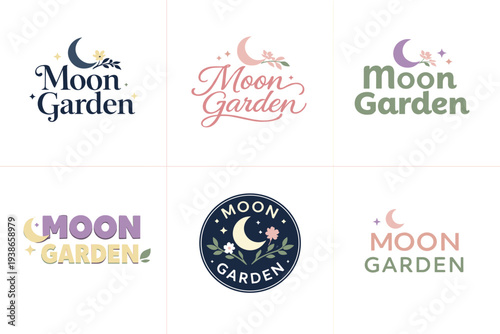 Moon garden logo designs: floral, elegant, nature-themed variations