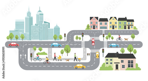 city street map with people and vehicles