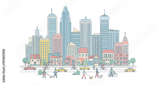cityscape with people walking and cycling
