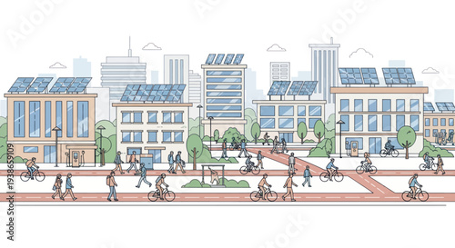 sustainable cityscape with solar panels and cyclists