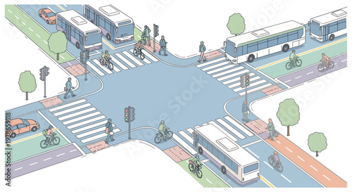 city street intersection with buses and bicycles