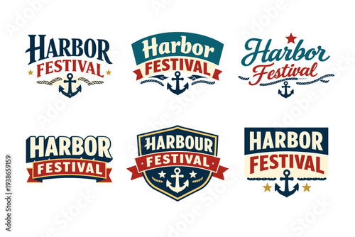 Harbor festival logo collection with nautical anchors and decorative elements