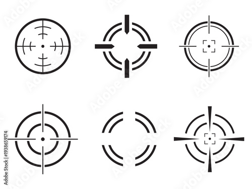 Set of six different black sniper rifle scope crosshair icons for target aiming and precision