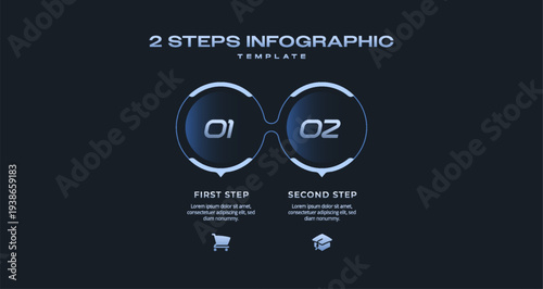 Dark Tech Pitch Deck Infographic with Connected Line Circles in Horizontal Row, 2 Step Startup Business Timeline Template, Abstract Vector Illustration for Report, Workflow, Visualization, and Present