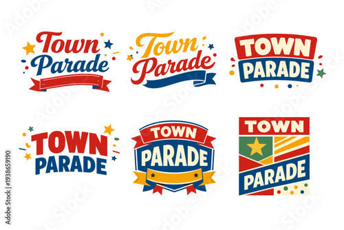 Colorful town parade logos with stars and banners