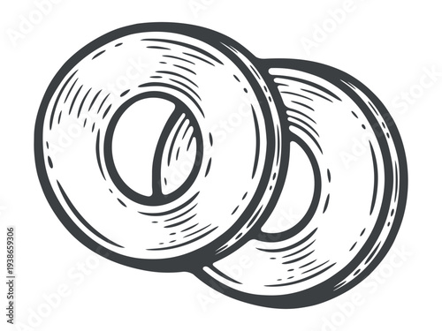 Avocado sliced in rings, two pieces, food preparation, black and white illustration, engraving isolated