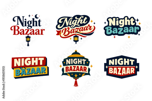 Colorful night bazaar logos with vintage and modern typography