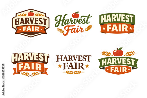 Colorful harvest fair logos featuring wheat and apple designs