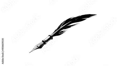 A monochrome illustration of an ink pen, featuring the nib and feather in exquisite detail