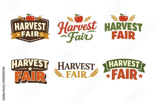 Harvest fair logo collection with apples and wheat elements