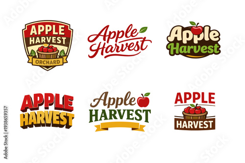 Variety of apple harvest logos with baskets and leaves