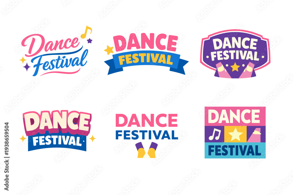 Obraz premium Colorful dance festival logos with musical and star elements