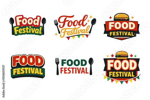 Food festival logo set with forks, spoons, and burgers