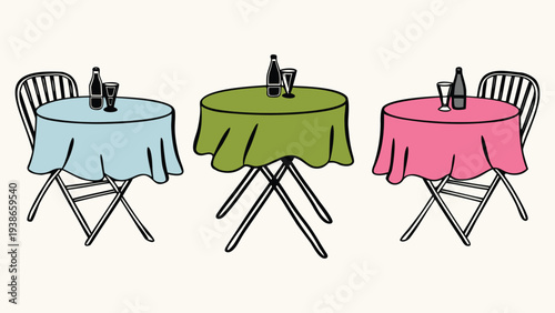 Set of three colorful cafe tables with chairs and drinks in a simple flat vector illustration style