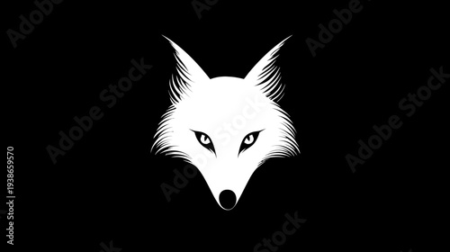 A minimalist illustration of a fox head in stark white against a deep black background, centered