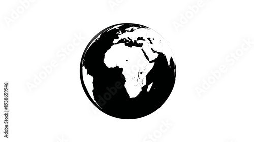 A monochrome illustration of Earth, depicting landmasses in white against a black ocean