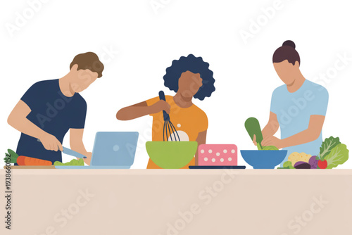 A colorful illustration of three people preparing food together in a kitchen on transparent background
