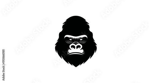 A stylized illustration of a gorilla's face in black and gray, with an intimidating expression