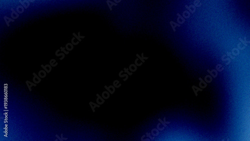 Dark abstract gradient background with deep black center fading into blue. Soft grainy, noise, grunge texture and smooth vignette lighting create moody atmospheric backdrop for modern digital design