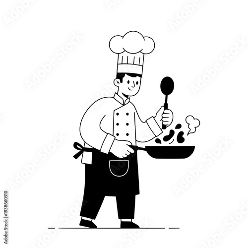 Chef cooking illustration or Minimalist line art chef cooking illustration